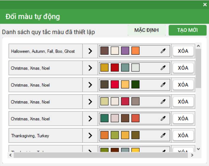 C&oacute; thể l&agrave; h&igrave;nh ảnh về văn bản cho biết 'Đổi m&agrave;u tự động Danh s&aacute;ch quy tắc m&agrave;u đ&atilde; thiết lập Halloween. Autumn, Fall, Boo, Ghost MẶC MẶCĐỊNH ĐỊNH TẠOMỚI TẠO MỚI > Christmas, Xmas, Noel > X&Oacute;A Christmas. Xmas, Noel > X&Oacute;A Christmas, Xmas. Noel > X&Oacute;A Christmas. Xmas. Noel 1 > X&Oacute;A Thanksgiving. Turkey X&Oacute;A TI X&Oacute;A ۷٧۸'